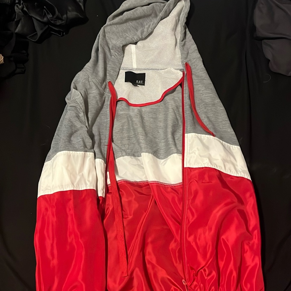 Red, White, and Grey Color Block Windbreaker